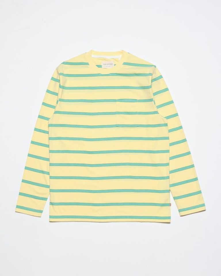 Merchant Archive - Long Sleeve Pocket T-Shirt - Dried Moss Yellow Breton Stripe