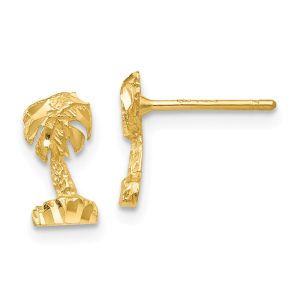 Mini Diamond Cut Palm Tree Post Earrings in 14k Yellow Gold