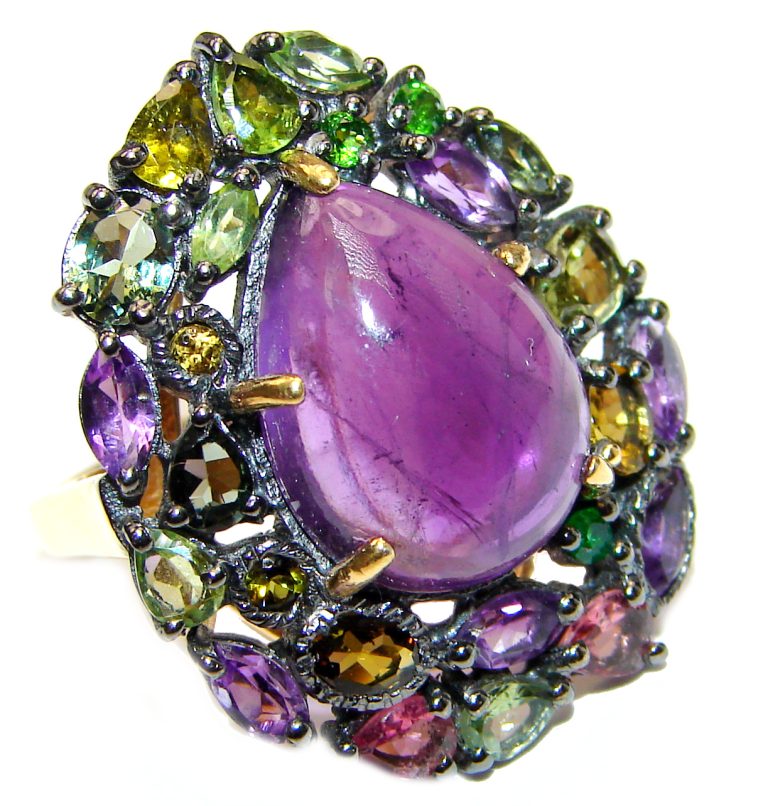 Natural Amethyst Chrome Diopside 18K Gold over .925 Sterling Silver handmade ring s. 6 1/4