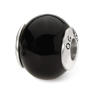 Natural Black Agate Stone Rounded & Sterling Silver Bead Charm, 13mm