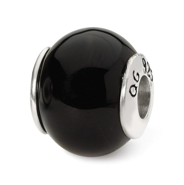 Natural Black Agate Stone Rounded & Sterling Silver Bead Charm, 13mm