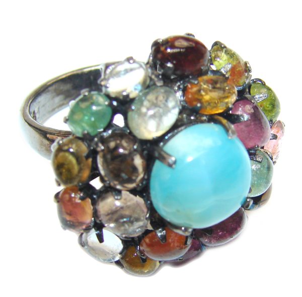 Natural Larimar Tourmaline black rhodium .925 Sterling Silver handcrafted Ring s. 7 3/4