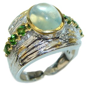 Natural Prehnite 2 tones .925 Sterling Silver handmade ring s. 8 adjustable