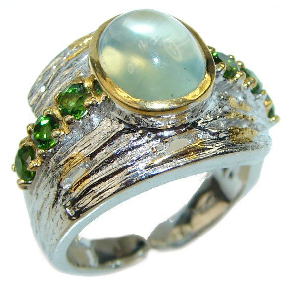 Natural Prehnite 2 tones .925 Sterling Silver handmade ring s. 8 adjustable