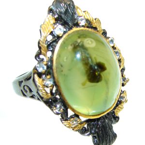 Natural Prehnite black rhodium over .925 Sterling Silver handmade ring s. 8 3/4