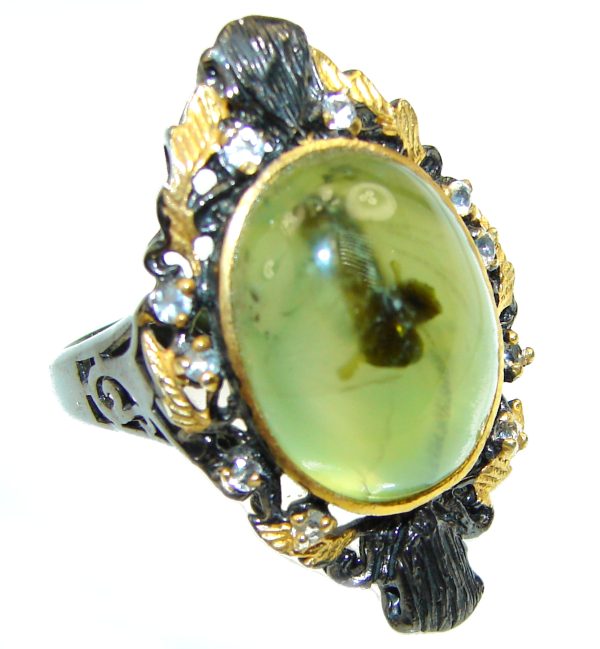 Natural Prehnite black rhodium over .925 Sterling Silver handmade ring s. 8 3/4