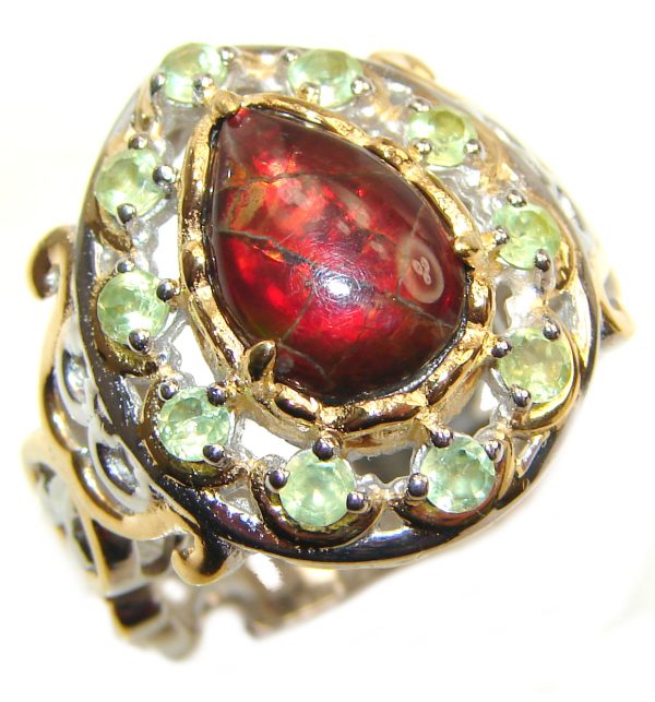 Outstanding Genuine Canadian Ammolite 18K Gold over .925 Sterling Silver handmade ring size 8