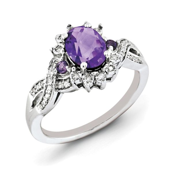 Oval Amethyst & .15 Ctw Diamond Halo Sterling Silver Ring Size 5