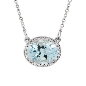 Oval Aquamarine & .05 Ctw Diamond Necklace in 14k White Gold, 16 Inch