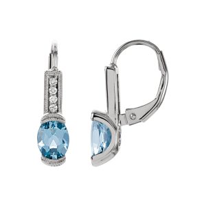 Oval Aquamarine and Diamond Lever Back Earrings in 14k White Gold