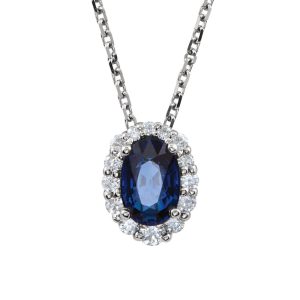 Oval Blue Sapphire &1/6 Ctw Diamond Halo 14k White Gold Necklace 18 In