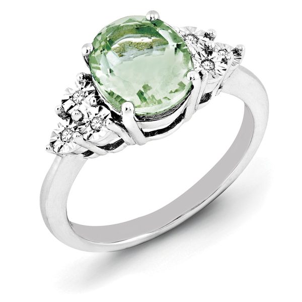 Oval Green Quartz & .03 Ctw Diamond Ring in Sterling Silver - Size 5