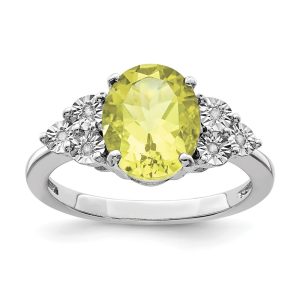 Oval Lemon Quartz & .03 Ctw Diamond Ring in Sterling Silver - Size 6