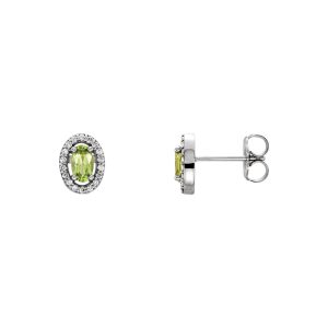 Oval Peridot & Diamond Halo Earrings in 14k White Gold