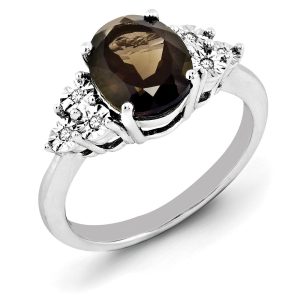 Oval Smoky Quartz & .03 Ctw Diamond Ring in Sterling Silver - Size 5