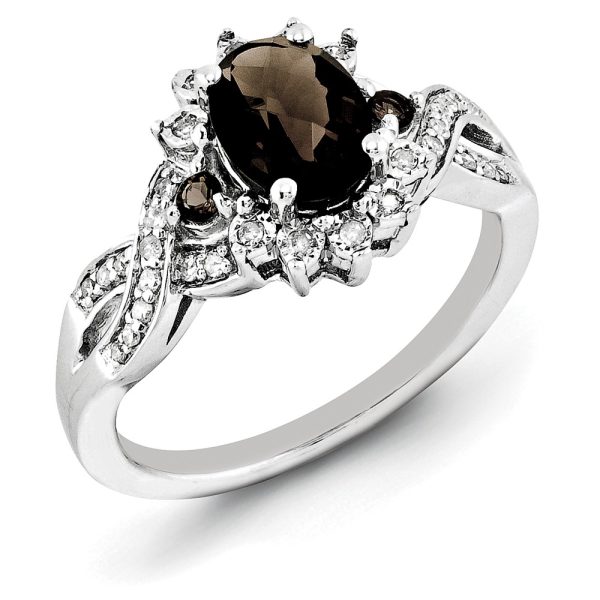 Oval Smoky Quartz & .15 Ctw Diamond Halo Sterling Silver Ring Size 5