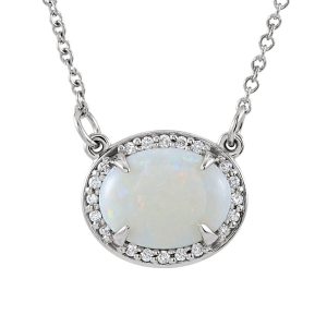 Oval White Opal & .05 Ctw Diamond 14k White Gold Necklace, 16.5 Inch