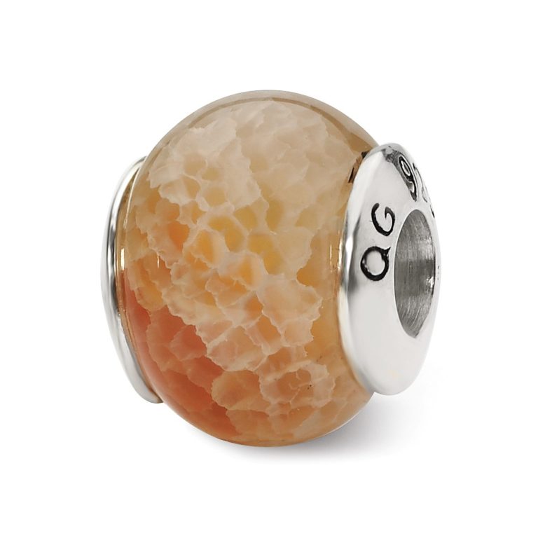 Peach Cracked Agate Stone & Sterling Silver Bead Charm, 13mm