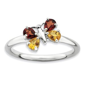 Pear Shape Garnet and Citrine Gemstone Butterfly Ring - Sz 10