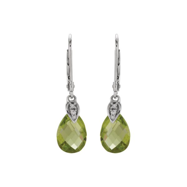 Peridot Briolette & Diamond Lever Back Earrings in 14k White Gold