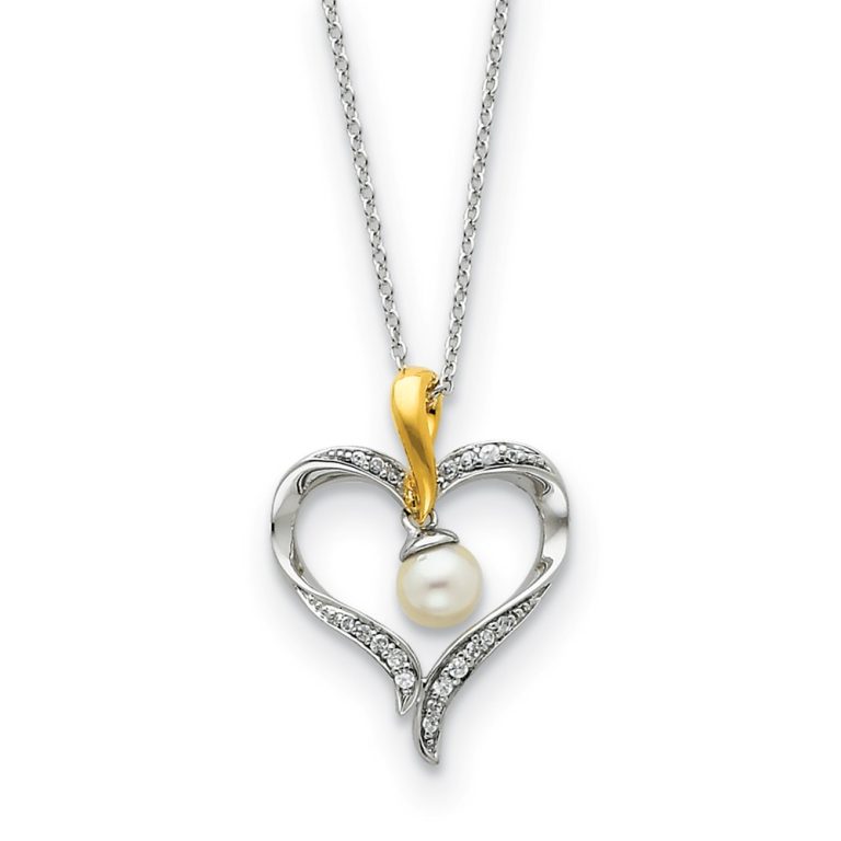 Plated Sterling Silver, FW Cultured Pearl & CZ Heart & Soul Necklace