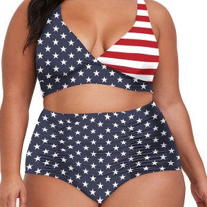 Plus Size American Flag Print High Waist Bikini With Bottom Two Piece Bathing Suit