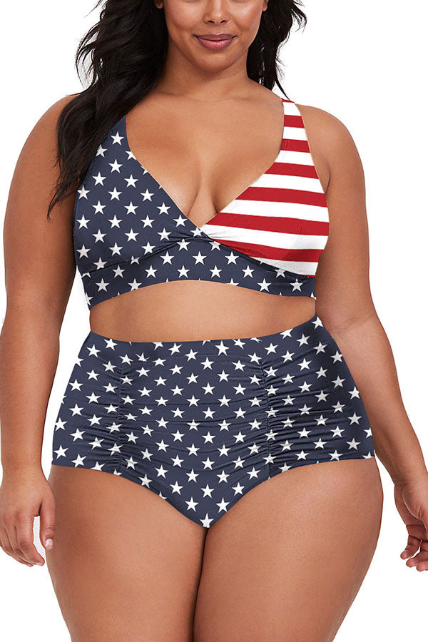 Plus Size American Flag Print High Waist Bikini With Bottom Two Piece Bathing Suit