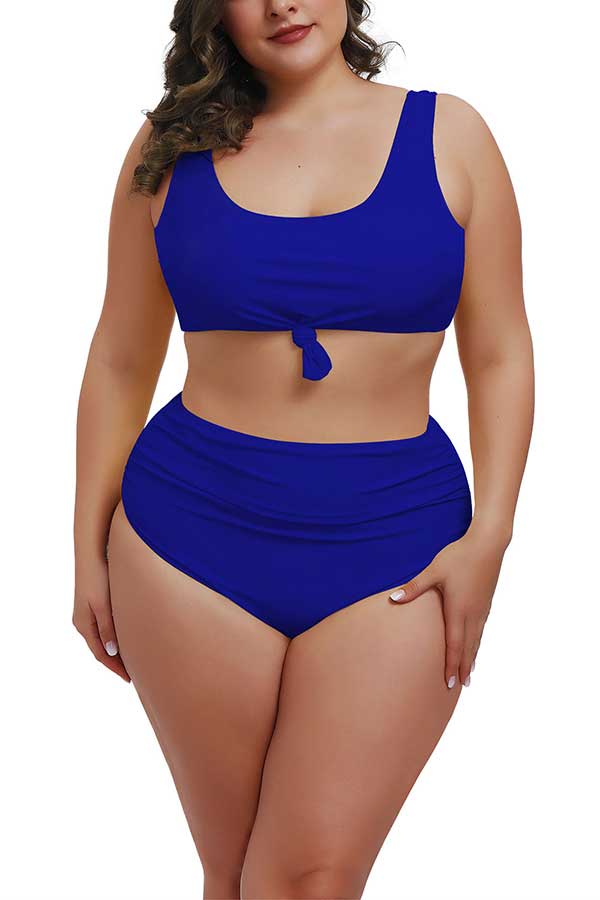 Plus Size U Neck Tie High Waisted Pleated Two Piece Swimwear