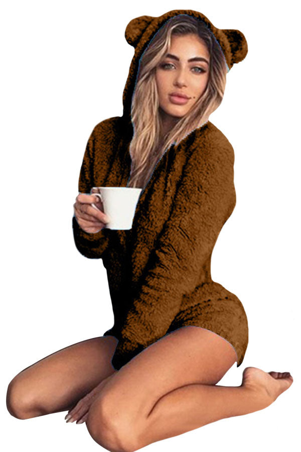 Plus Size Zip Up Bear Ear Long Sleeve Onesie Pajama Coffee