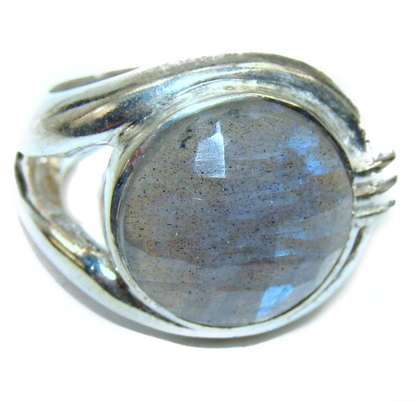 Precious 10.5 carat faceted shimmering Labradorite .925 Sterling Silver handcrafted ring size 7 3/4