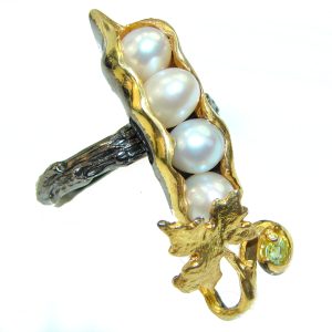 Precious Pea Pod Pearl 14K Gold and Rhodium over .925 Sterling Silver handmade Ring s. 8