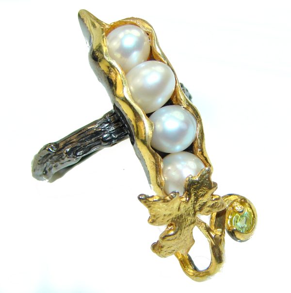 Precious Pea Pod Pearl 14K Gold and Rhodium over .925 Sterling Silver handmade Ring s. 8