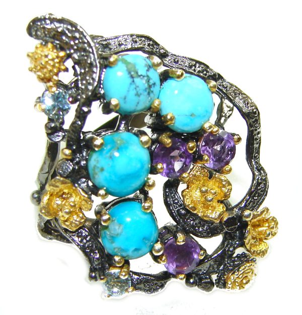 Precious Sleeping Beauty Turquoise black rhodium over .925 Sterling Silver handmade ring size 6