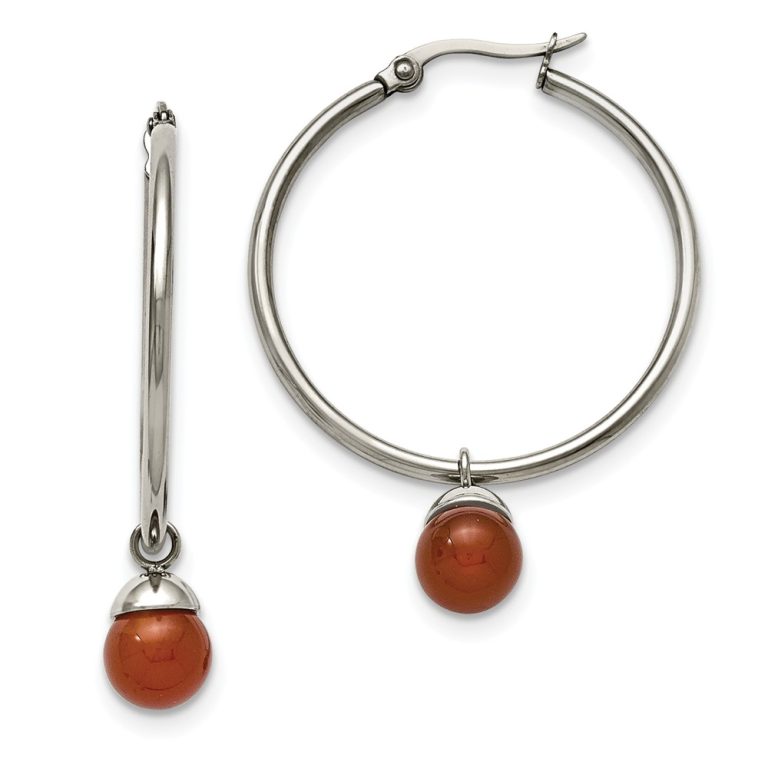 Red Agate Bead Drop Round Hoop Earrings in Stainless Steel - 35mm