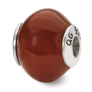 Red Brown Agate Stone & Sterling Silver Bead Charm, 15mm