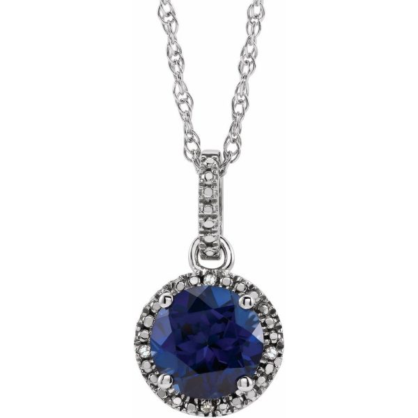 Rh Sterling Silver, Created Blue Sapphire & Diamond Necklace, 18 Inch