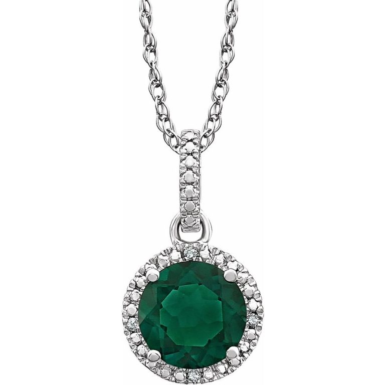 Rh Sterling Silver, Lab Created Emerald, .01CTW Diamond Necklace, 18in