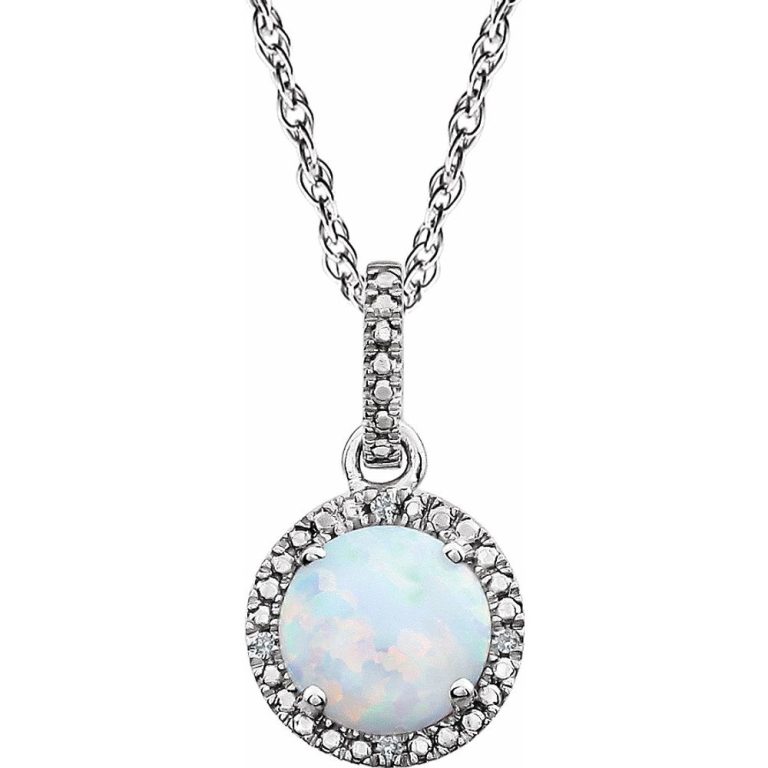 Rh Sterling Silver, Lab Created Opal & .01 CTW Diamond Necklace, 18 In