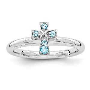 Rhodium Plate Sterling Silver Stackable Blue Topaz 9mm Cross Ring Sz10