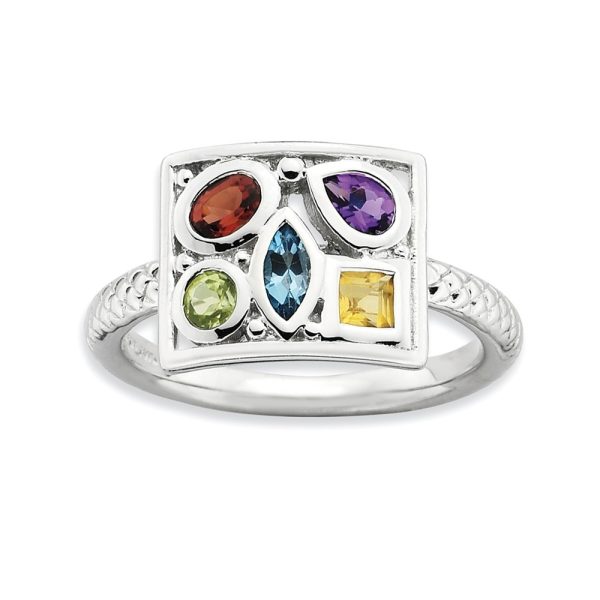 Rhodium Plate Sterling Silver & Gemstone Stackable Collage Ring, Sz 8