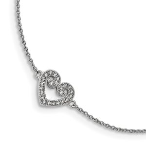 Rhodium Plated Sterling Silver 10mm CZ Heart And Cable Anklet, 9-10 In