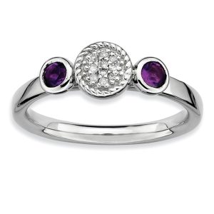 Rhodium Plated Sterling Silver Amethyst, .04 Ctw Diamond Ring, Size 5