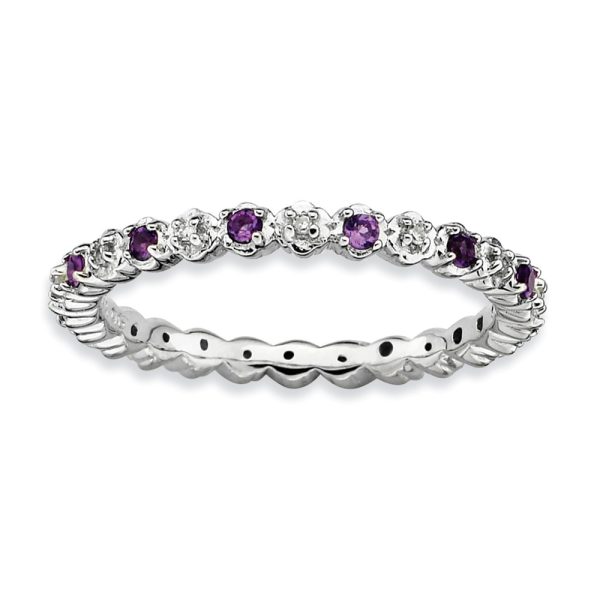 Rhodium Plated Sterling Silver Amethyst & .04 Ctw Diamond Band, Size 5