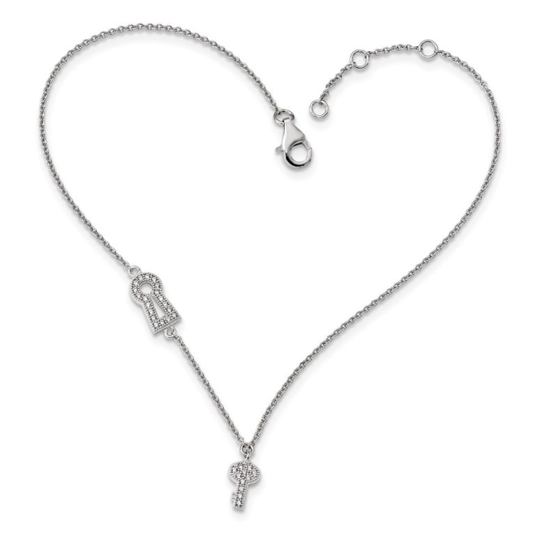 Rhodium Plated Sterling Silver CZ Lock And Key Cable Anklet, 9-10 Inch