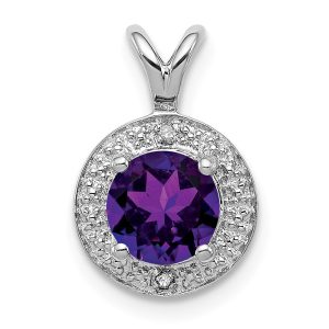 Rhodium Plated Sterling Silver, Diamond & Amethyst Pendant, 10mm