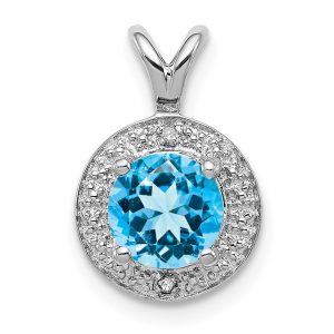 Rhodium Plated Sterling Silver, Diamond & Blue Topaz Pendant, 10mm