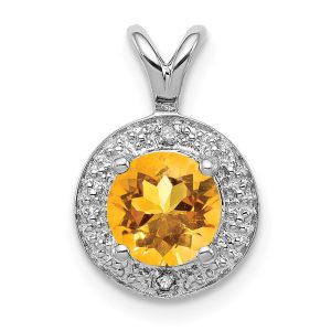 Rhodium Plated Sterling Silver, Diamond & Citrine Pendant, 10mm