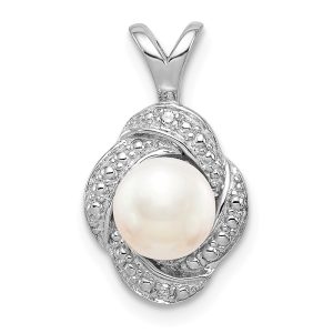 Rhodium Plated Sterling Silver, Diamond & FWC Pearl Pendant, 10x16mm