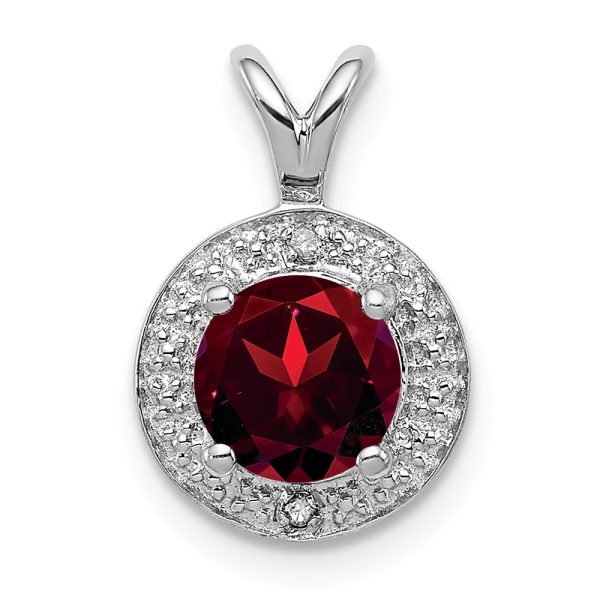 Rhodium Plated Sterling Silver, Diamond & Garnet Pendant, 10mm