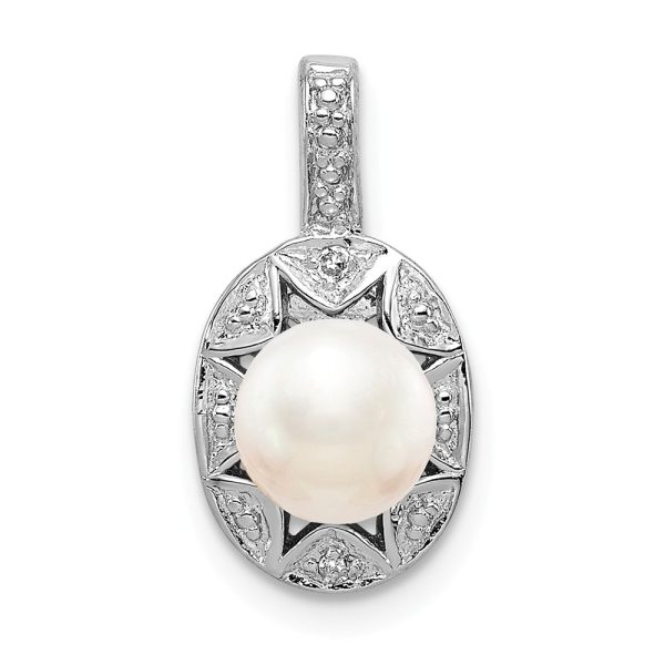 Rhodium Plated Sterling Silver, FWC Pearl & Diamond Pendant, 8x16mm